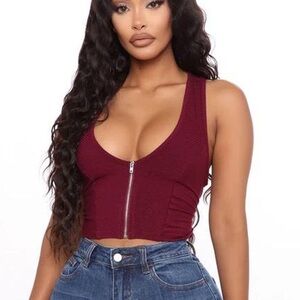 Fashion Nova Burgundy Zip Crop Top